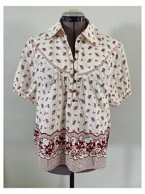 Pilcro Anthropologie Sz S Blockprint Short Sleeve Popover Blouse